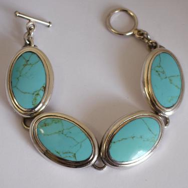70's chunky Southwestern 925 silver turquoise bracelet, big handsome sterling blue oval cab stones toggle clasp link bracelet 