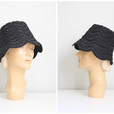 jet black wool cloche hat, sequins - 1950s ladies sequined hat / vintage 1950s scallop hat - wool bucket dress hat / sequin trim swags 