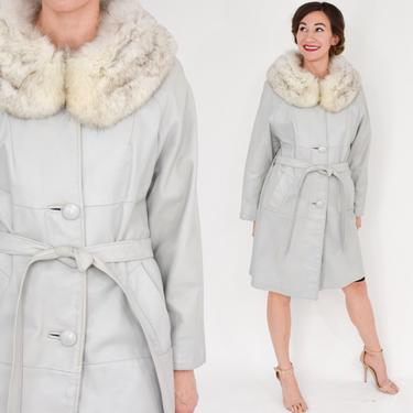 60s Leather Coat | Pearl Gray Leather Fox Collar Coat | Fur Collar Leather Trench Coat | Medium 