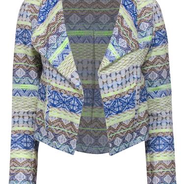 Daniela Corte - Blue, Brown & Neon Green Tribal Print Cropped Blazer Sz XS