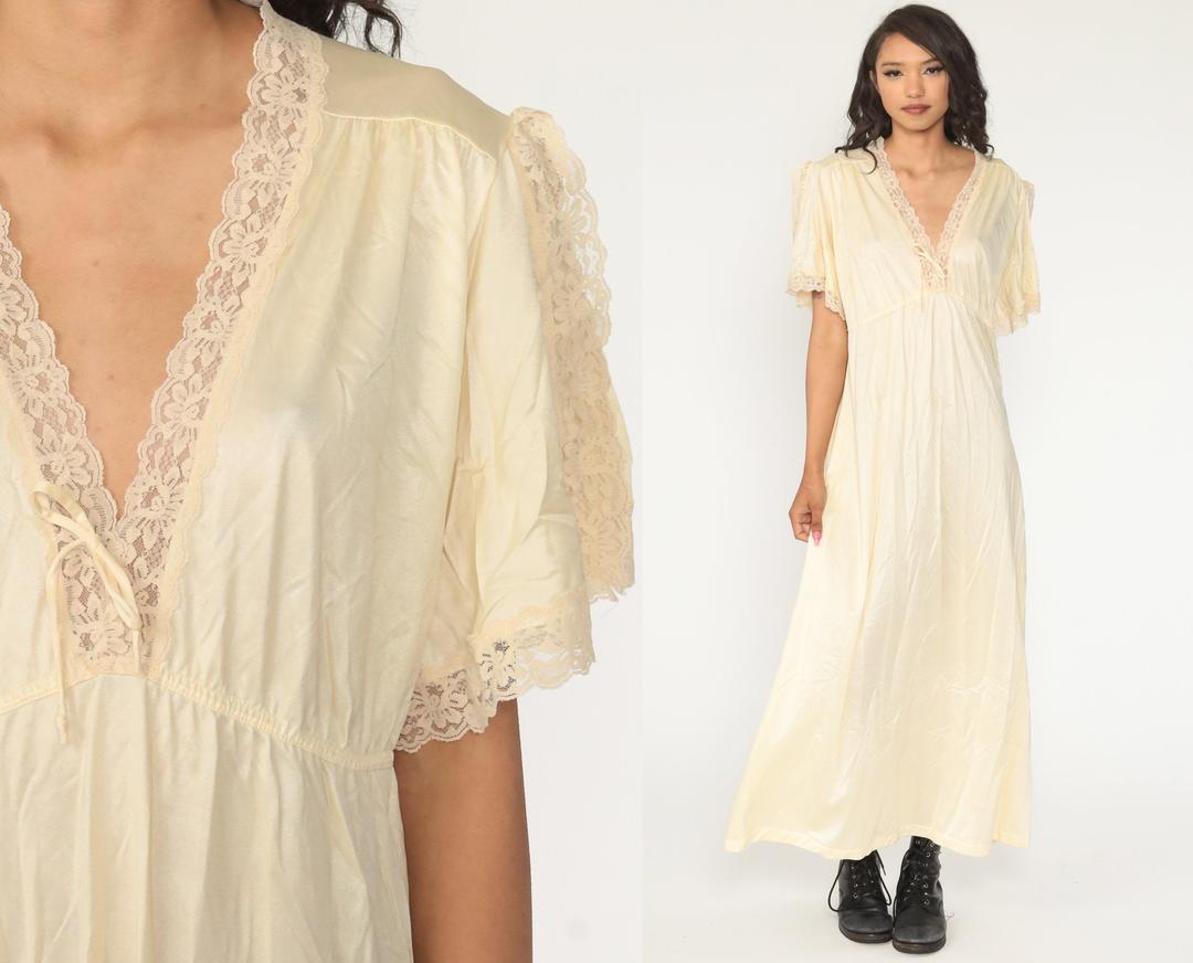 Lace Nightgown Lingerie Slip Dress 70s Maxi Boho Nightie Cream | Shop ...
