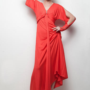 red maxi dress hostess vintage 70s empire waist rhinestone split sleeves slinky M MEDIUM (SU-1) 