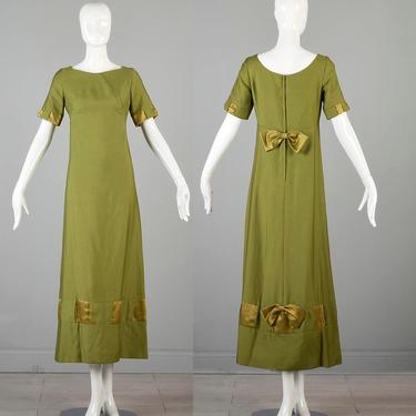 Emma Domb Formal Dress 60s Dress Maxi Dress Green Dress Empire Waist Green Gold Sharkskin Short Sleeve Maxi Dress Woven Ribbon Bows Medium 