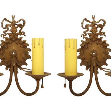 Victorian 2 Arm Brass Beaded Ribbon Wall Sconces