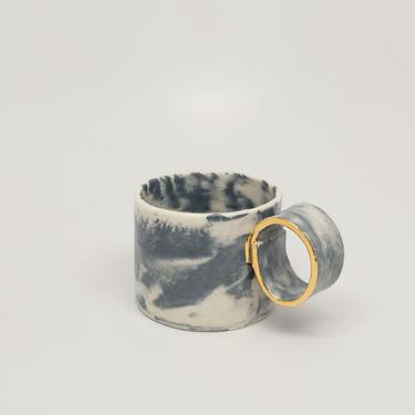 Midnight Marbled Porcelain Espresso Cup Loop Gold Handle, 4 oz 