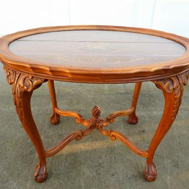 VTG French CARVED WOOD SIDE LAMP TABLE W/ GLASS TRAY TOP Victorian ART NOUVEAU