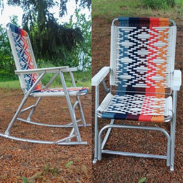Macrame Rocking Chair, Glamping Vintage Aluminum Frame Woven Lawn Chair, 70s Decor Unique Outdoor Furniture Forest Fathers Custom Lawn Chair 