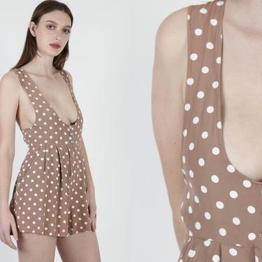 90s Cocoa Polka Dot Romper / Low Cut Sexy Mini Playsuit / Vintage Grunge Suspender Shorts 