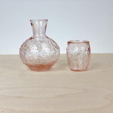 Pink Glass Carafe Set, Pink Glass Decanter and Cup set 