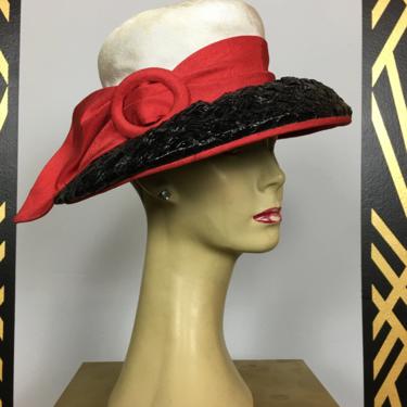 1950s straw hat, vintage 50s hat, black and red, wide brim hat, Cathy of california, mrs maisel style, buckle, Summer, Kentucky derby hat 