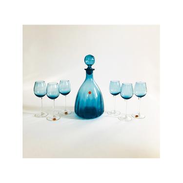 Mid Century Blue Italian Glass Decanter Set / 7 Pieces 