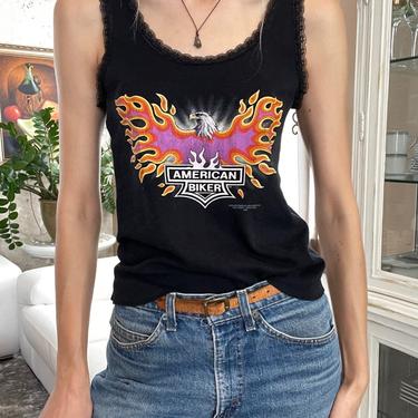 Vintage Harley Tank Top / 1992 Biker Babe Tank Top / Cotton and Lace / Eagle on Fire Print / Lady Rider / Black Top / America Biker 