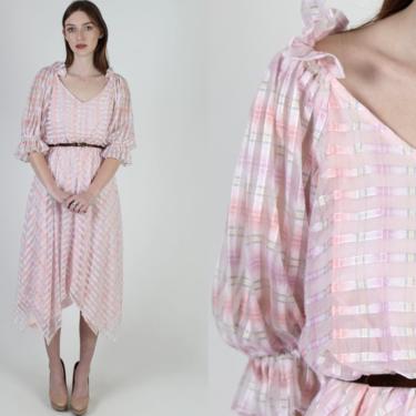 Vintage 70s Rainbow Striped Dress Sheer Pink Hanky Hem Dress Asymmetrical Hem Scarf Dress Festival See Through Midi Mini Dress 