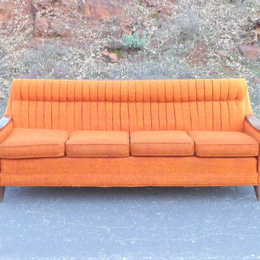 Burnt Orange Sofa 1960's FashionCraft Koylon Couch by Uniroyal Walnut Armrests Arms Legs and Back Rest Tufted Original Fabric Orange Tweed 
