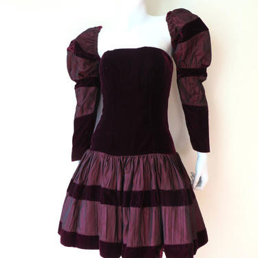 Vintage 1980's Victor Costa Evening Dress Burgundy Velvet Taffeta Strapless Bustier Dress/Removable Sleeves/26&amp;quot; Waist/Small 