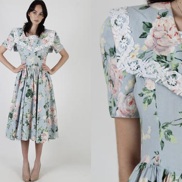 Blue Garden Floral Cottage Dress / Vintage 80s Wide Collar Dress / Cotton Rose Print Tea Party Full Skirt Midi Maxi Dress 