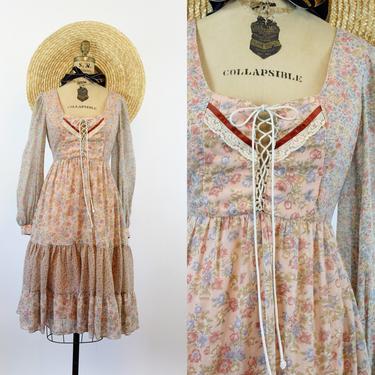 1970s floral cotton CORSET LACE UP dress xs | new summer 