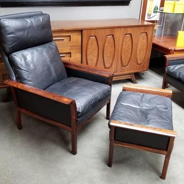 Danish Modern rosewood and black leather lounge chair and ottoman by Hans Olsen