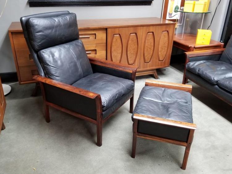 Danish Modern rosewood and black leather lounge chair and ottoman by Hans Olsen