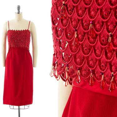 Vintage 1960s Cocktail Dress | 60s Beaded Rhinestone Lace Red Rayon Spaghetti Strap Sheath Wiggle Party Dress (small) 