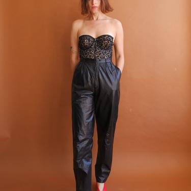 Vintage 80s Black Leather Trousers/ 1980s High Waisted Pleated Pants/ Size 29 