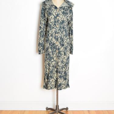 vintage 70s dress KRIZIA wool print hooded maxi long duster jacket hippie boho M clothing 