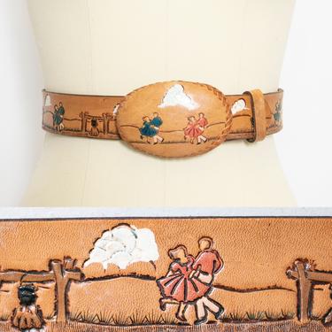 1970s Belt Western Tooled Leather Square Dance L / XL 