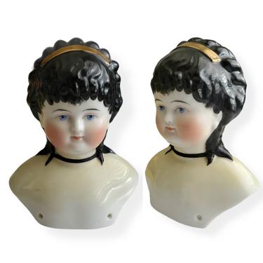 Large Rare Antique Low Brow China Doll Head with Long Painted Black 6.5&quot; Tall - Antique German Dolls - Doll Parts 