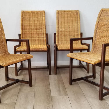 Stunning Set of Four Vintage High Back Woven Wicker Dining Chairs by Century Furniture . 