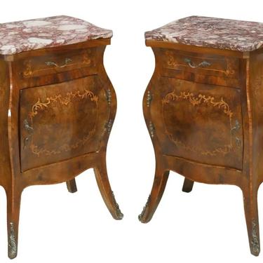 Antique NIghtstands, (2) Two Italian Louis XV Style, Foliate, Marble-Top, 1900's