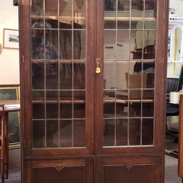 Item #S2032 Jacobean English Oak Leaded Glass Door Bookcase c.1920