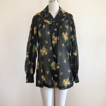 Sheer Black Floral Print Tunic-Length Blouse with Bishop Sleeves - 1970s 