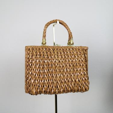 Vintage 1960s basket purse, woven rattan, wicker, top handle 
