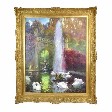 Fontaine Oil Painting Cherub Fountain with Swans Beneath Bridge Louisiana artist 