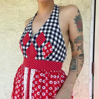 Vintage 1970s gingham, polka dot, and floral halter maxi by Eloise Curtis 