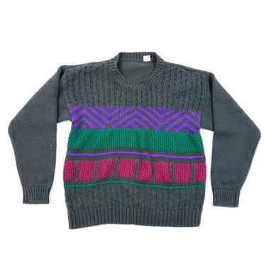 90s Geometric Color Block Knit Pullover Crew Neck Sweater Medium, Neon Purple Green Pink Funky Pattern 