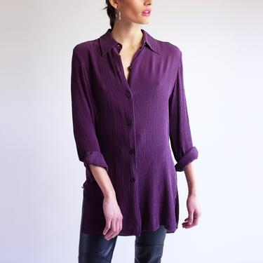 Fortuny Pleated Blouse, Vintage 90s Minimal Long Sleeve Button Down Tunic, Simple Purple Mushroom Micro Pleat Collared Shirt 90s Silk Oxford 