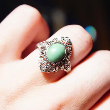 Vintage 18K White Gold Turquoise Ring, Art Deco Filigree, Diamond Encrusted Shield Ring, Matte Green Turquoise Stone, Size 7 3/4 US 
