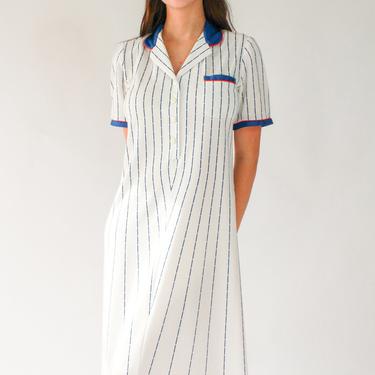 Vintage 70s Pierre Cardin Pinstripe Jersey Dress with Logo Buttons | Baseball, Tennis Sheath Dress | 1970s French Designer Summer Dress 