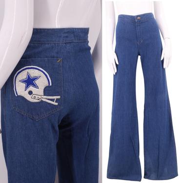 70s DALLAS COWBOYS high waisted bell bottom jeans 27 / vintage 1970s football fan hi rise logo pocket bells flares pants 4 