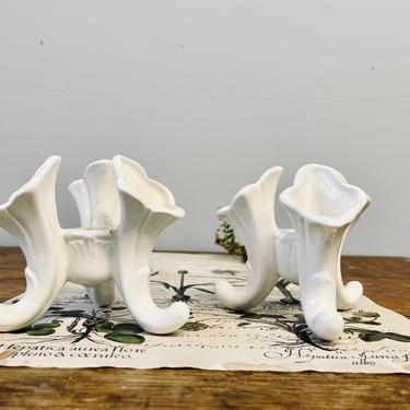 Set of 2 Antique White Triple Bud Vase Candleholders | Small Porcelain Flower Vase | Small Porcelain Candleholder | Candlestick Centerpiece 