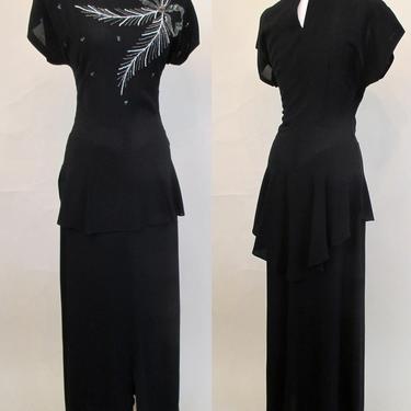 Glamorous Vintage 1940's Black Crepe gown with Dramatic Beaded Bow Design on the Bodice Old Hallywood Chic Size Small 