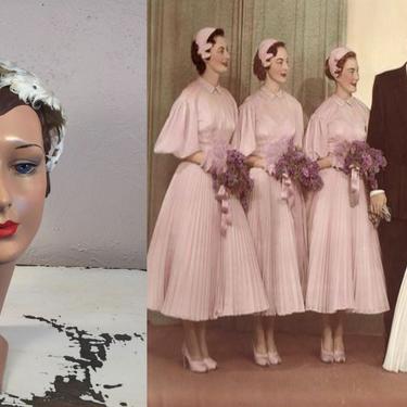 Wedding Party Portraits - Vintage 1940s 1950s Ivory Curled Feather Cookie Cutter Fascinator Half Hat 