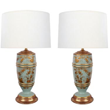 Pair of French 1940's Pale-Blue Opaline Glass Lamps with Gilt Decoration