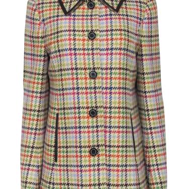 Coach - Beige & Multicolor Houndstooth Wool Peacoat w/ Faux Leather Trim Sz M