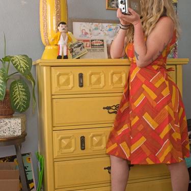 Amazing 1960s Bright Orange and Yellow Geometric Pattern Dress 