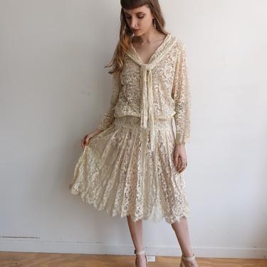 Vintage 80s Does 20s Drop Waist Lace Dress/ 1980s Sheer Ivory Cream Long Sleeve Romantic/Wedding Dress/ Flapper/ Size M 