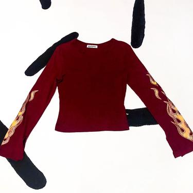 90s Red Glitter Flame Graphic Top / Long Sleeve / Bell Sleeve / Self Esteem / Medium / Fire / Rave / y2k / Goth / Skater / Grunge / M / 