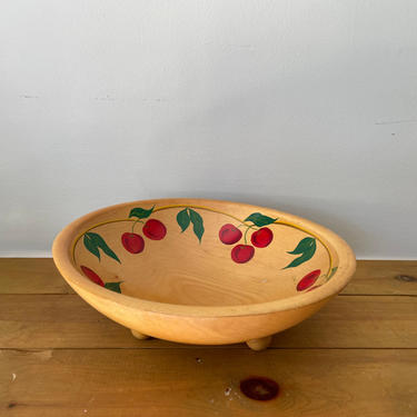 Vintage Wooden Bowl with Hand-painted Cherries, Rio Grande Wood Bowl with Feet 