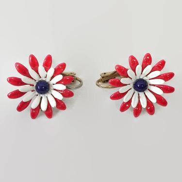VINTAGE 1950's Red, White, and Blue Enamel Metal Flower Clip On Earrings | 50s Retro Daisy MCM Jewelry 